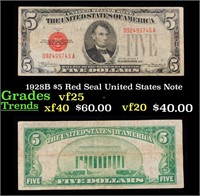 1928B $5 Red Seal United States Note Grades vf+