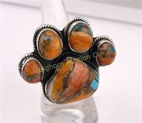 Ring Sz 5 Paw Print, Spiny Turquoise, Sterling