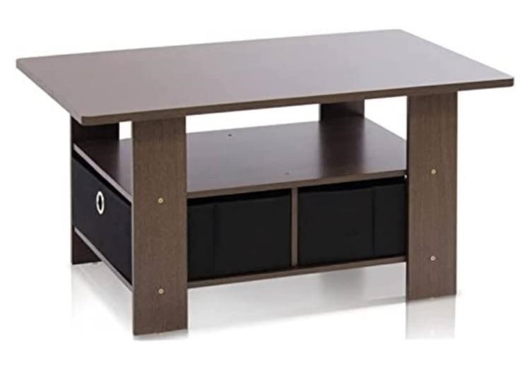 Furinno Coffee Table with Bins, Dark Brown/Black