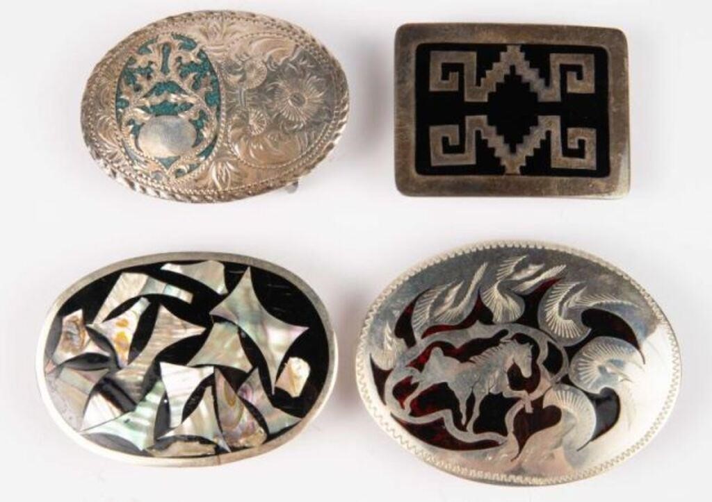 4 Belt Buckles - 2 Mexican Sterling Silver.