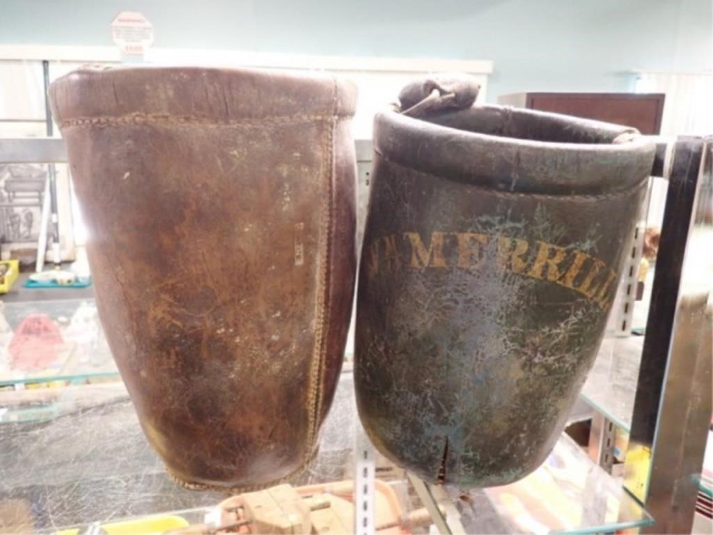 2 EARLY LEATHER FIRE BUCKETS W/ WM MERRILL