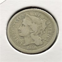1866 3 CENT PIECE   VG