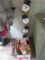 Clothes rack, contents, snowman pole and misc