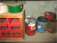 Coffee cans w/contents, other items on shelf,