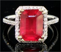 14kt Gold 6.08 ct Step Cut Ruby & Diamond Ring