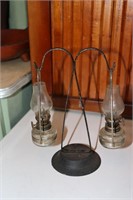 Pair of miniature oil lamps on holder