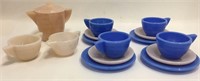 Akro Agate Blue & Pink Slag Glass Child's Tea Set