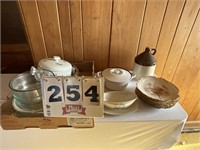 Pyrex bowls, Noritake gravy boat, crock jug
