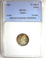 1928 10 Cents NNC MS64+ Rainbow Canada