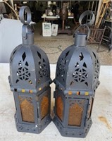 Pair of metal and glass lanterns
