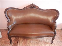 56"x 25"x 38" Antique Walnut Leather Settee