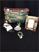 Golf Pillow, Picture Frame and Trinkets