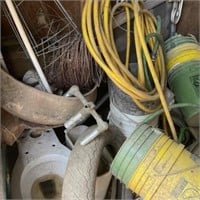 MISC TIRES, WATER HOSE, 5GAL BUCKETS, WOOD,