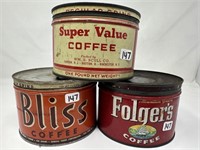 3 Antique Coffee Tins Super Value, Bliss &