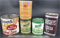 5 Antique Food Related Tins Monarch Caramel Corn,
