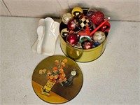 Vintage tin with Christmas ornaments