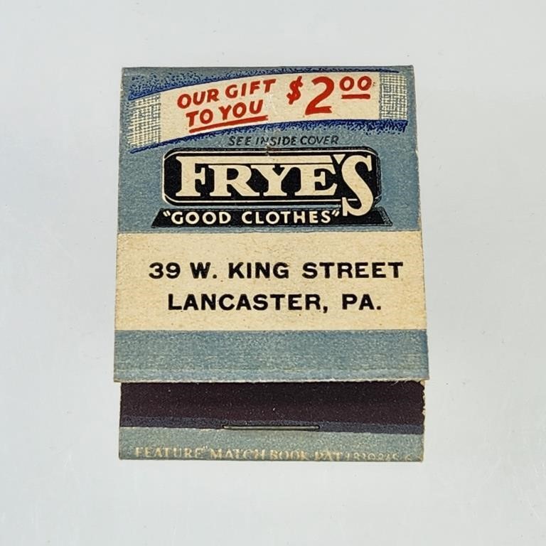 FRYE'S CLOTHING LANCASTER PA FEATURE MATCHBOOK
