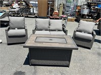 Woven Patio: Fire Table, Loveseat, 2 Swivel Chairs