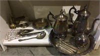 Shelf lot of silverplate, tea set, Porcelain