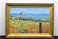 Sun Flowers By Fence Over Looking River Painting