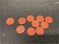 Group of 10 Red OPA Tokens WWII Era