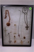 LOT OF ASSORTED RELIGIOUS NECKLACES W/ DISPLAY