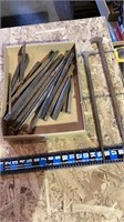 Stakes, crow bar, chisel,