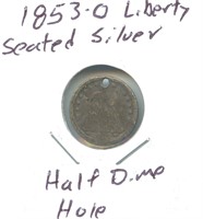 1853-O Liberty Seated Silver Half Dime - Hole