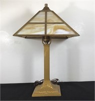 SLAG GLASS AND BRASS ARTS & CRAFTS LAMP