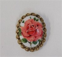 Hand-Painted Rose Porcelain Cameo Brooch