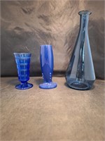 Three Blue Pottery/Glass Vases And Decanter