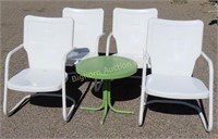 White Metal Outdoor Chairs & Green Side Table