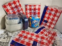 picnic lot, table cloths, plastic ware