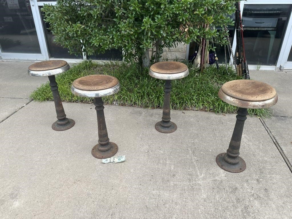 4 Antique Soda Fountain Stools - Oak Wood Seats