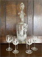 Mary Gregory Hand Painted Decanter & Four Cordials