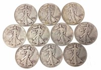 (10) 1942 Walking Liberty 90% Silver Half Dollars