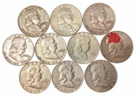 (10) 1962 Benjamin Franklin Silver Half Dollars