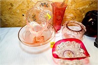 (5) Pink Glass Including (1) Basket, (3) Bowls and