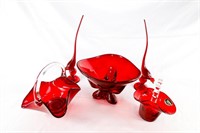 (5) Ruby Red Glass Pieces Including Baskets, Candy