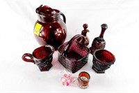 Ruby Red Glass Pieces Including Basket, Cruet,