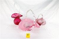 (2) Pink Opalescent Hobnail Glass Baskets and (1)