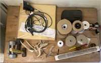 Radio, desk lamp, handweights, leather sewing