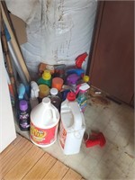 Large Lot of Cleaning Chemicals, Mops, Brooms to