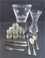 Heavy Glass Vases, Silver Plate Cutlery, Napkin