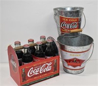 Coca Cola Buckets and Metal Holder with Bottles