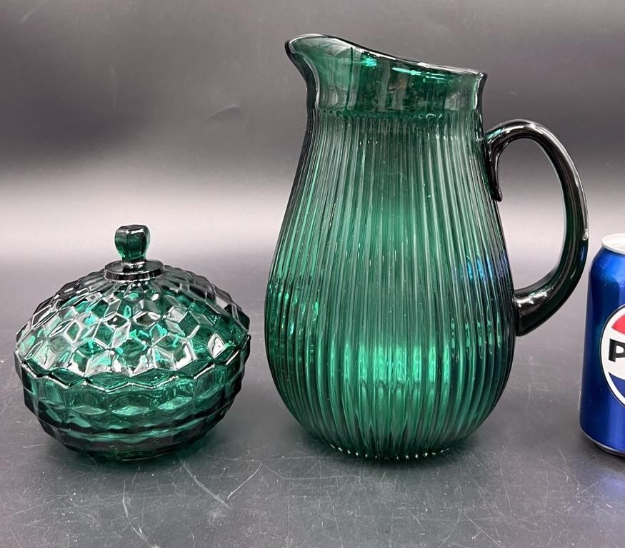 Green Glass - Ribbed Pitcher & Candy Bowl w Lid