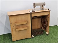 SEWING TABLE WITH SINGER TREDDLE MACHINE