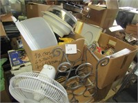 SEVERAL BOXES OF KITCHENWARES & ELETRIC FAN