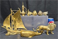 Brass Figure Lot - Lion, Boat, Whale, Fish +
