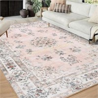 Washable Area Rug 8x10  Pink Floral Non-Slip
